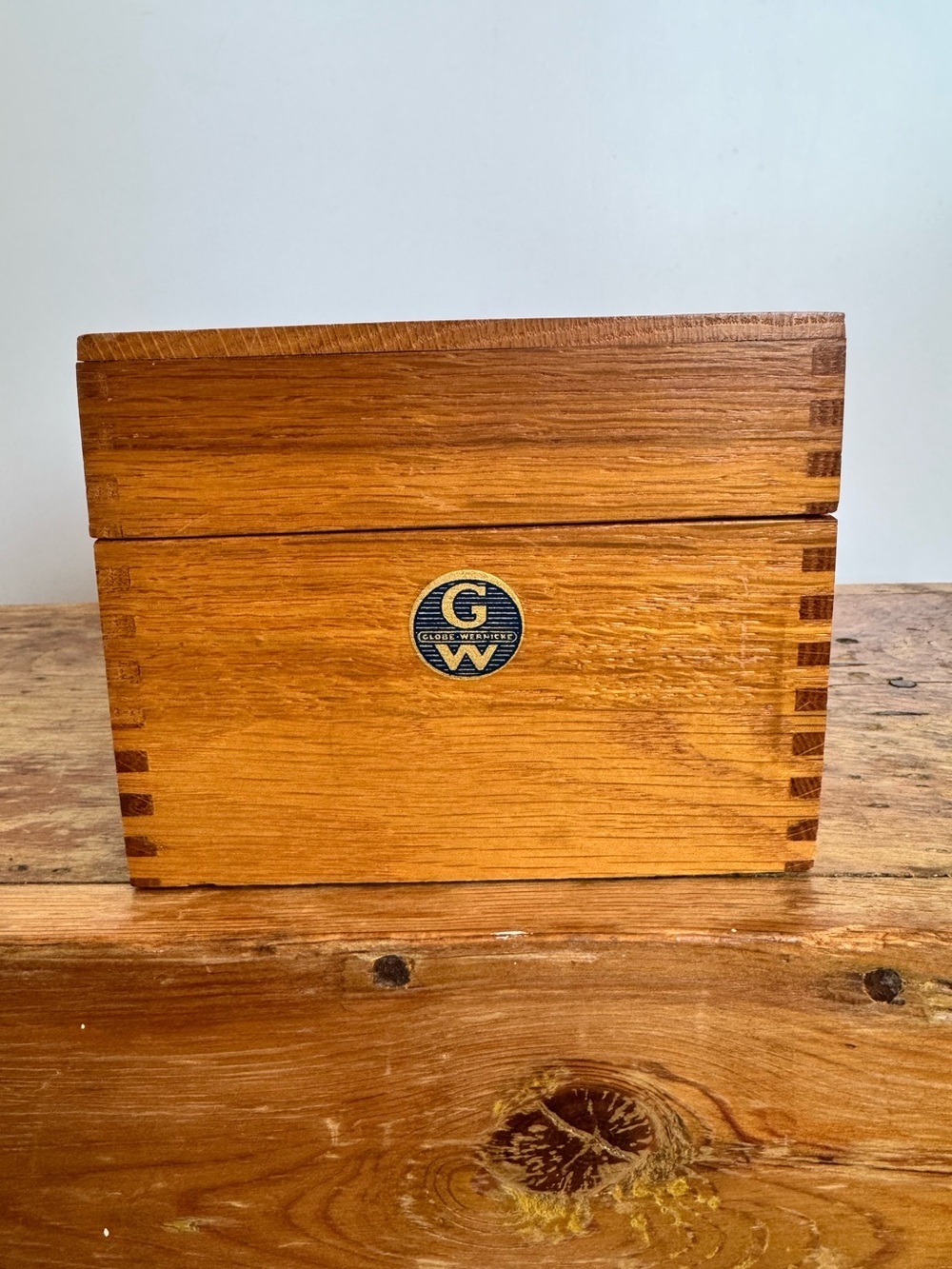 Vintage Globe Wernicke Dovetail Wooden Index Card Recipe Box Address Box